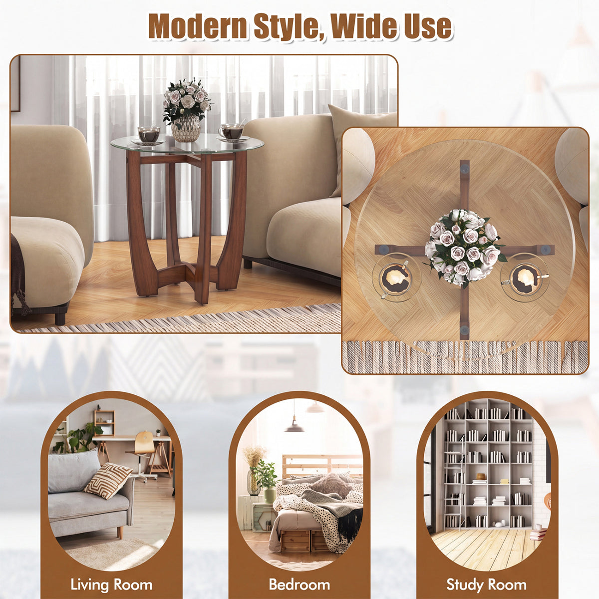 23.5 Inch Round End Side Table Set of 2 with Tempered Glass Tabletop-Walnut view 8