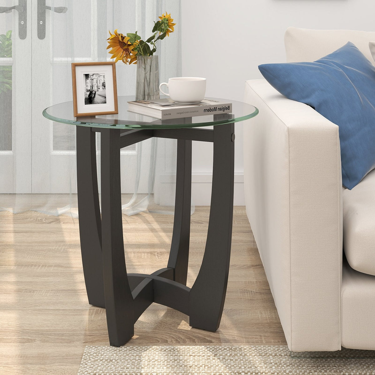 23.5 Inch Round End Side Table with Tempered Glass Tabletop-Black view 2