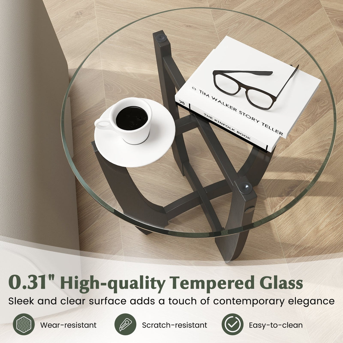 23.5 Inch Round End Side Table with Tempered Glass Tabletop-Black view 6