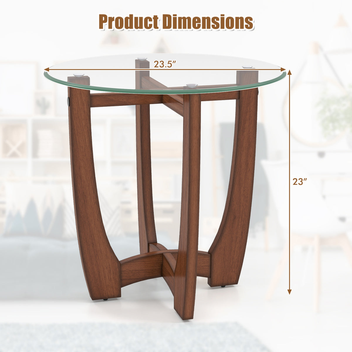 23.5 Inch Round End Side Table with Tempered Glass Tabletop-Walnut view 4