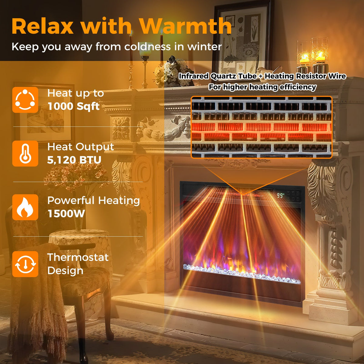 23 Inch 1500W Recessed Electric Fireplace Insert with Remote Control-Black view 7