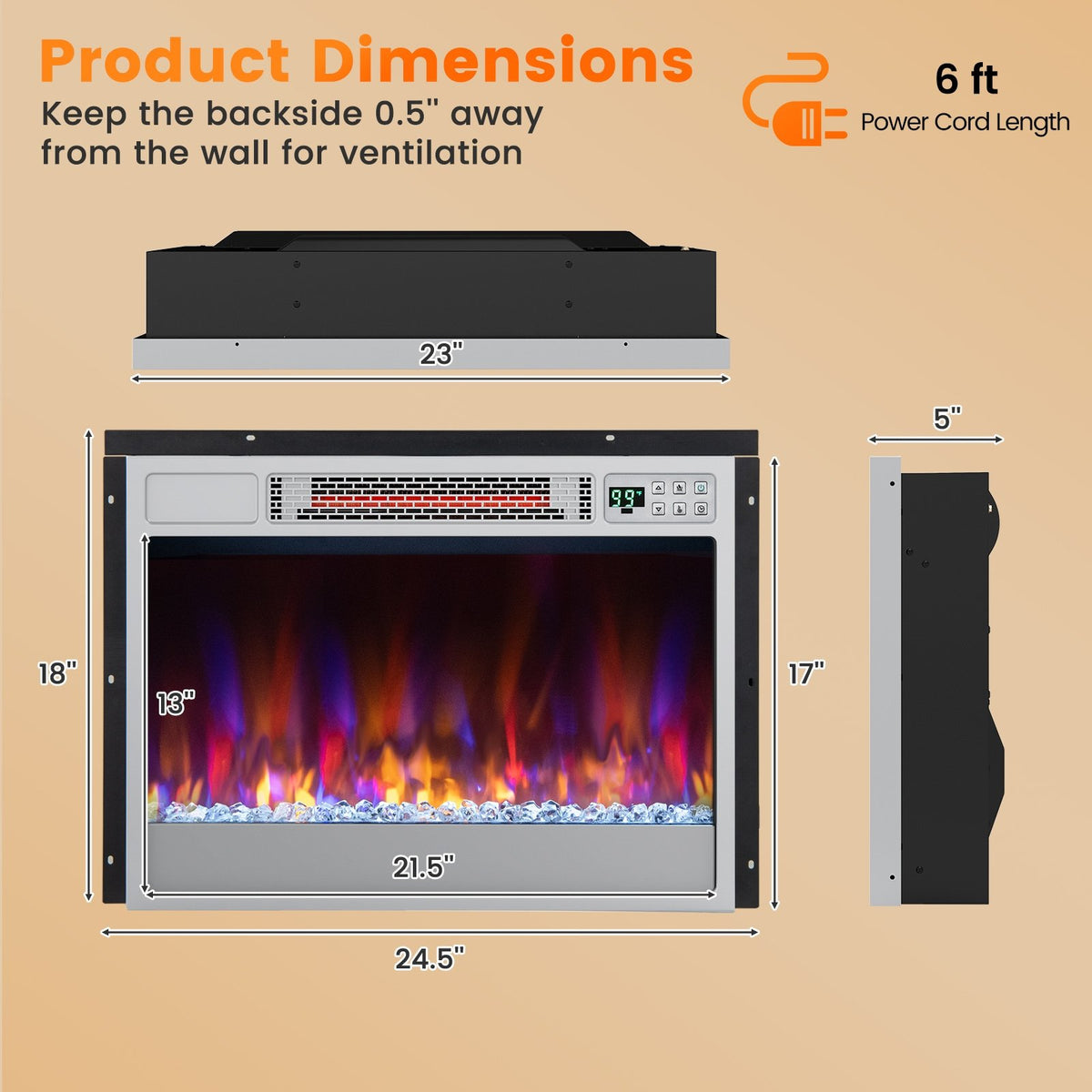 23 Inch 1500W Recessed Electric Fireplace Insert with Remote Control-Silver view 4