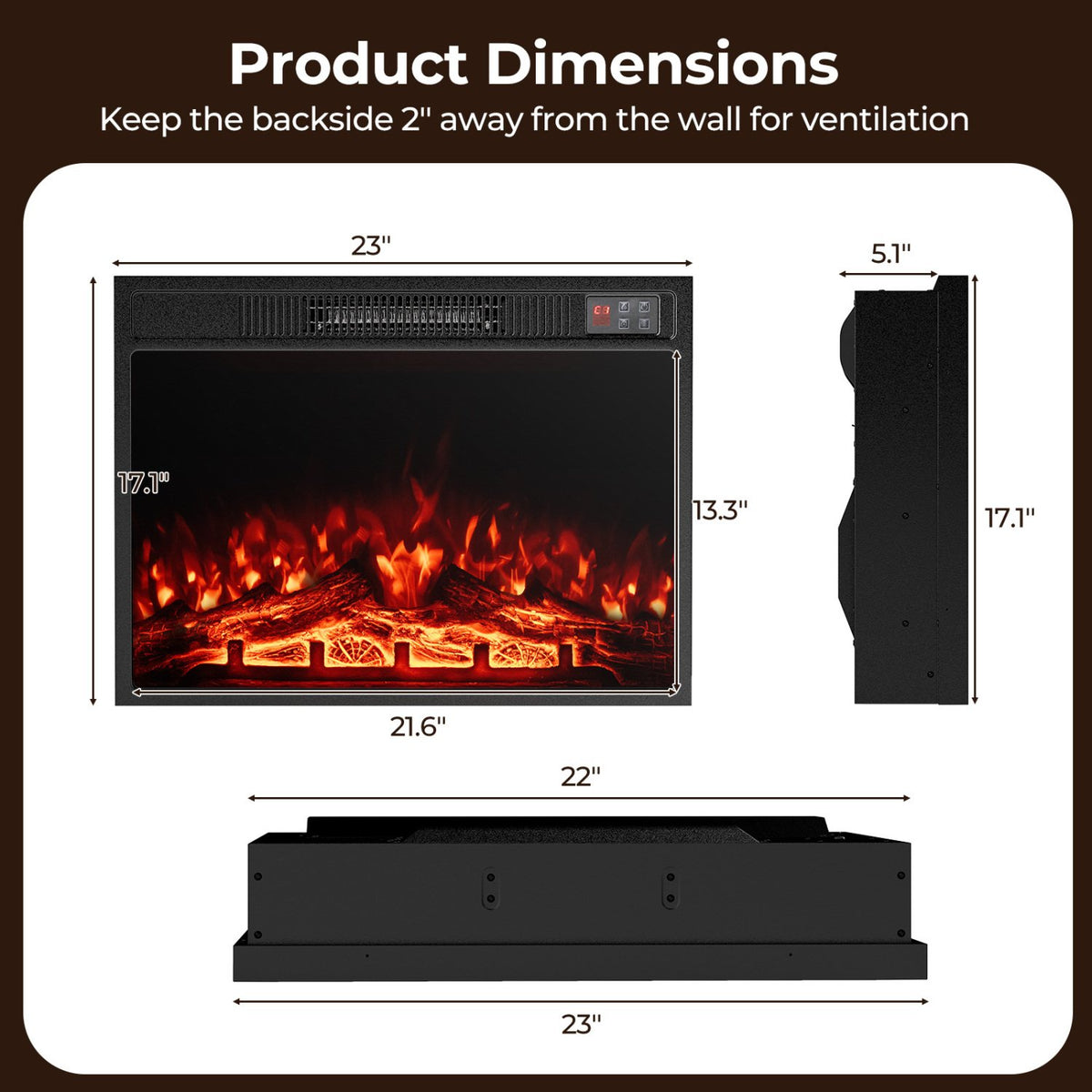 23 Inch Electric Fireplace Insert Fireplace Heater with Adjustable Flame Color view 4