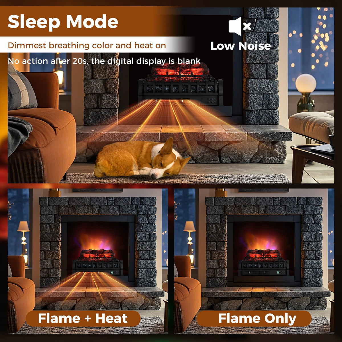 23 Inch Infrared Quartz Electric Fireplace Pinewood Log Heater with Adjustable Flame-Black view 8