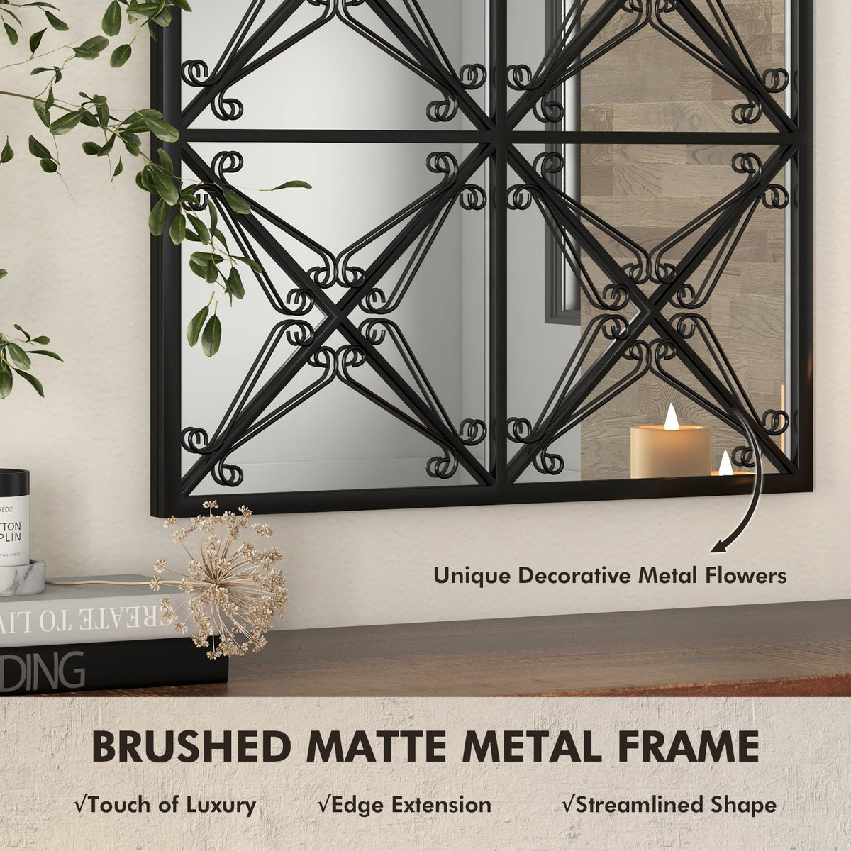 23 Inches x 34 Inches Arched Window Pane Mirror with Metal Frame for Living Room-Black view 9