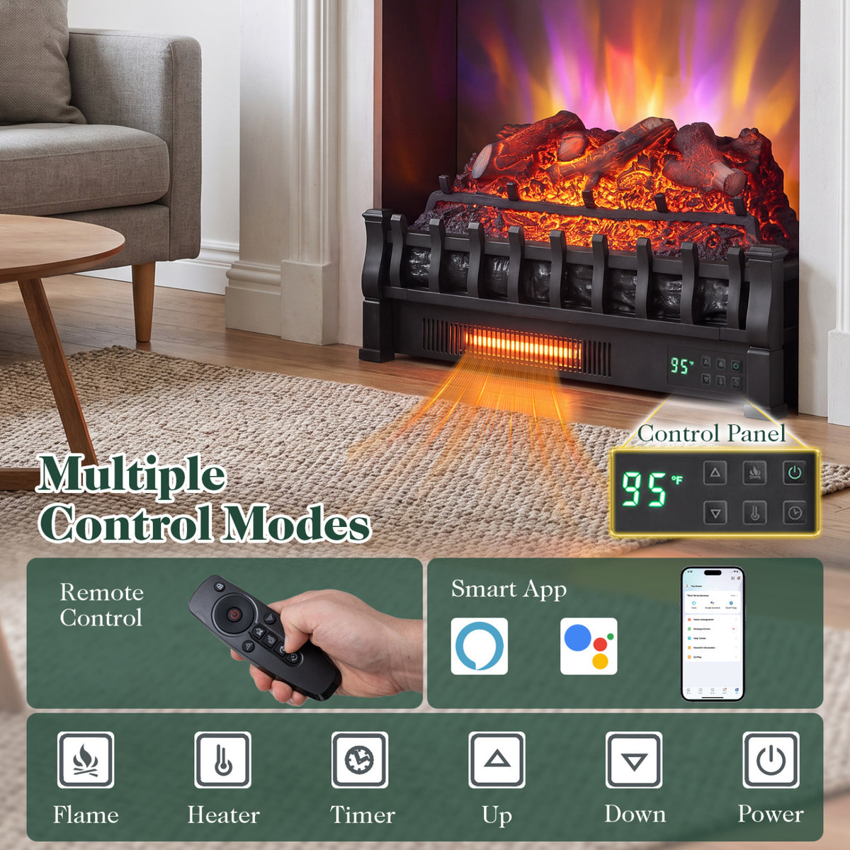 23 inches WiFi Fireplace Insert Lemonwood Set with App and Remote-Black view 7