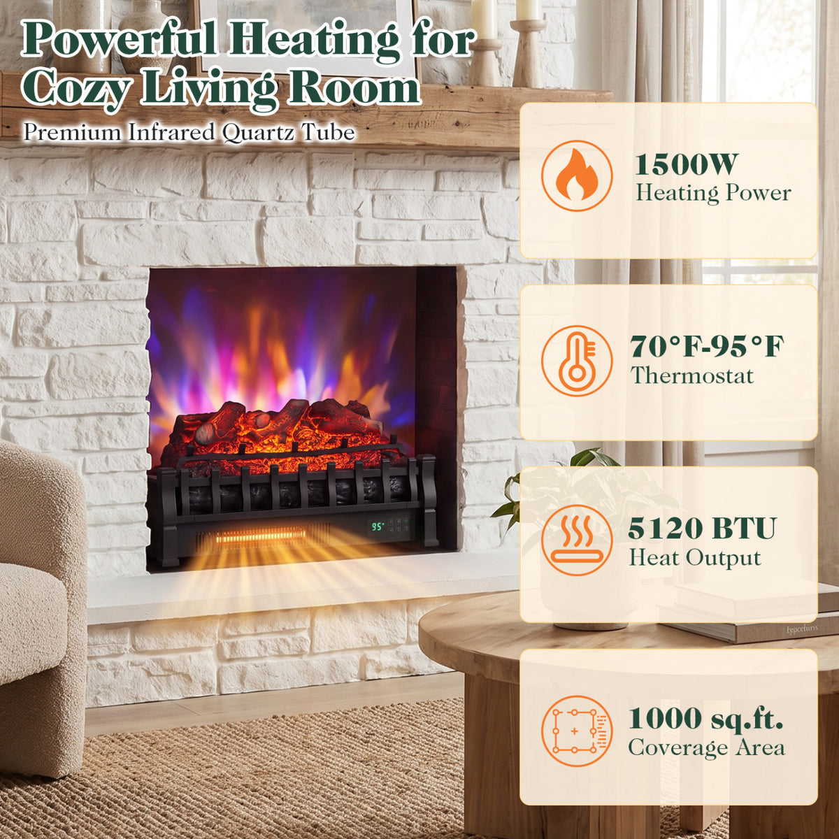 23 inches WiFi Fireplace Insert Lemonwood Set with App and Remote-Black view 8