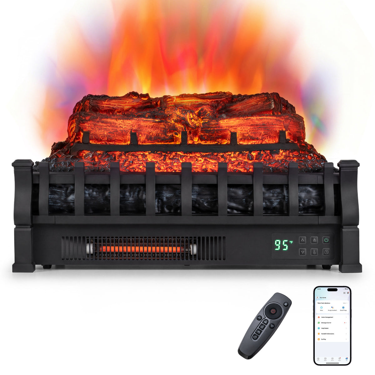 23 inches WiFi Fireplace Insert Pinewood Set with App and Remote-Black