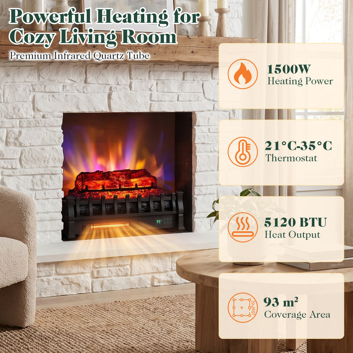 23 inches WiFi Fireplace Insert Pinewood Set with App and Remote-Black view 8