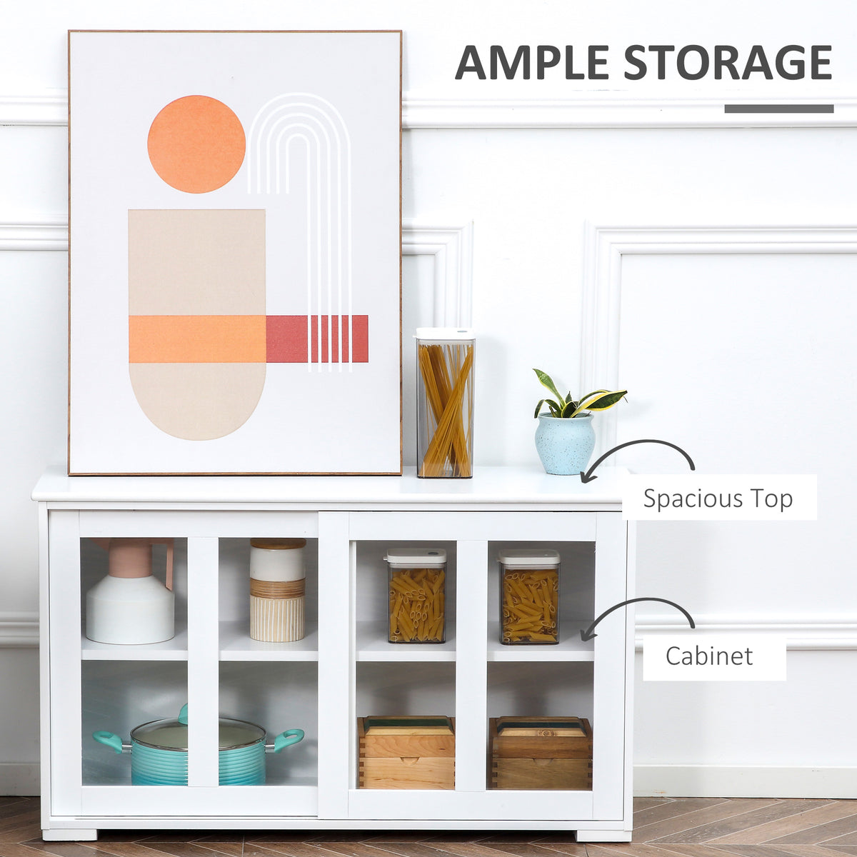 Modern Kitchen Sideboard, Stackable Storage Cabinet, Sliding Glass Door Console – view 17