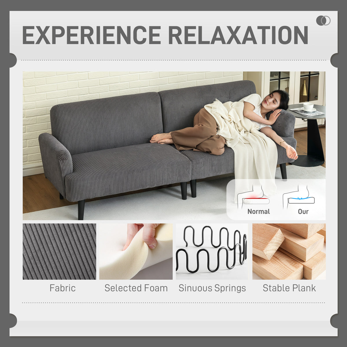 Modern Couch, 3 Seater Sofa, Corduroy Loveseat with Rubberwood Legs and Extra-Wide Seat, Grey