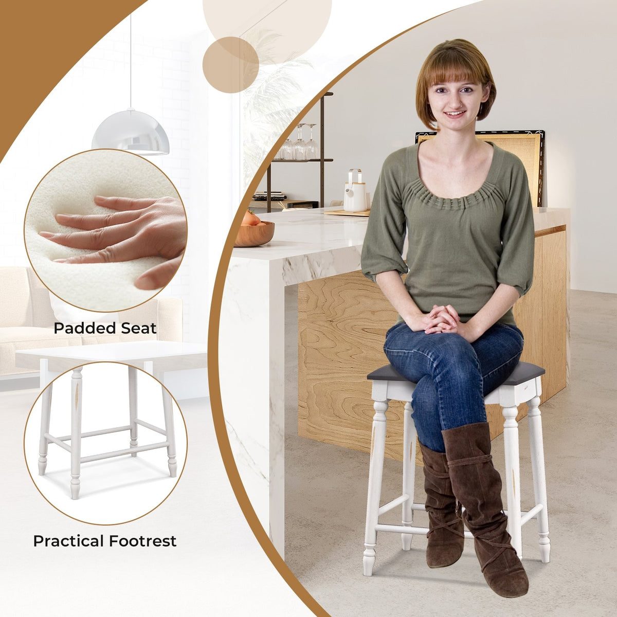 24 Inch Bar Stool Set of 2 with Padded Seat Cushions and Wood Legs-24 inches view 7