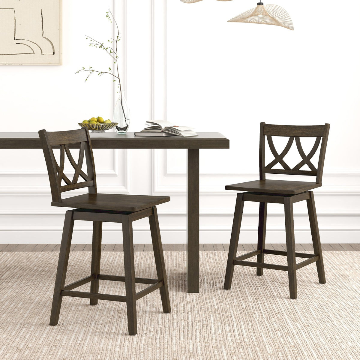 24/29 Inch Bar Stool Set of 2 Wooden Bar Chairs with Rubber Wood Frame-24 inches view 2
