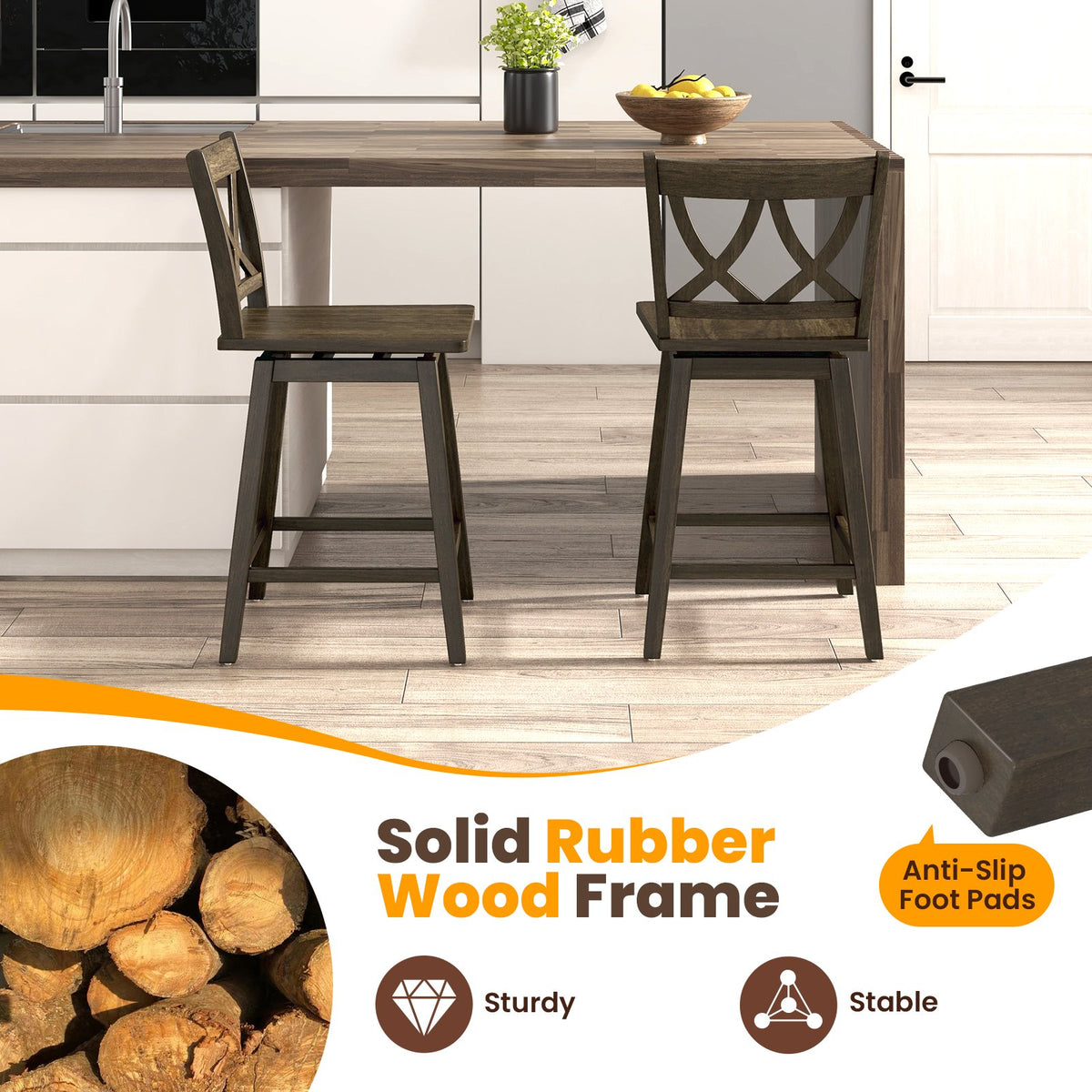 24/29 Inch Bar Stool Set of 2 Wooden Bar Chairs with Rubber Wood Frame-24 inches view 5