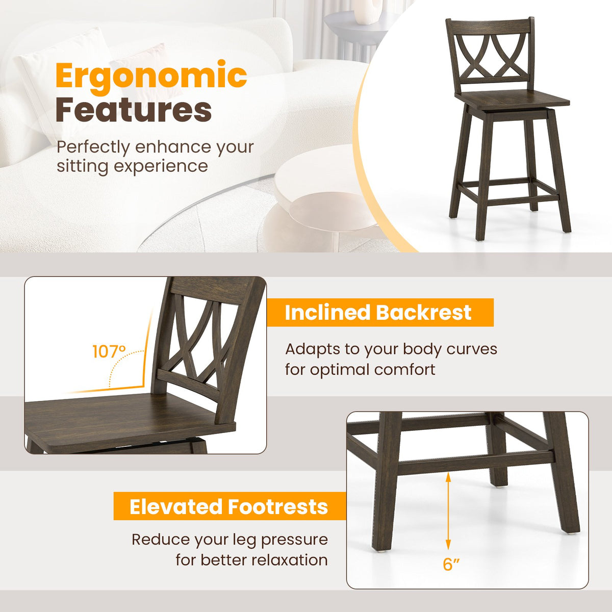 24/29 Inch Bar Stool Set of 2 Wooden Bar Chairs with Rubber Wood Frame-24 inches view 6