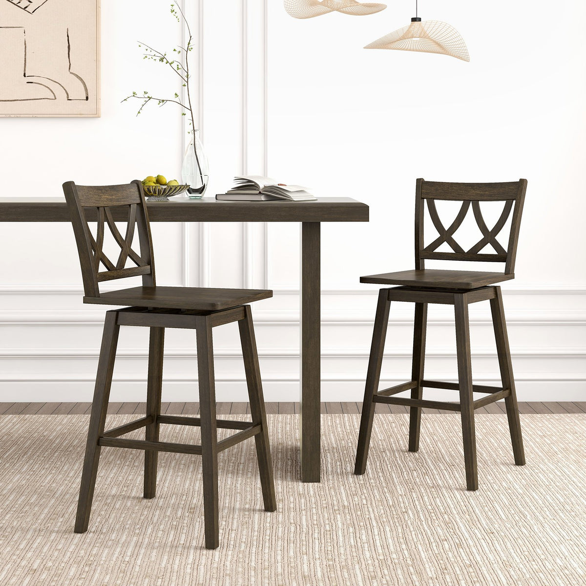 24/29 Inch Bar Stool Set of 2 Wooden Bar Chairs with Rubber Wood Frame-29 inches view 2