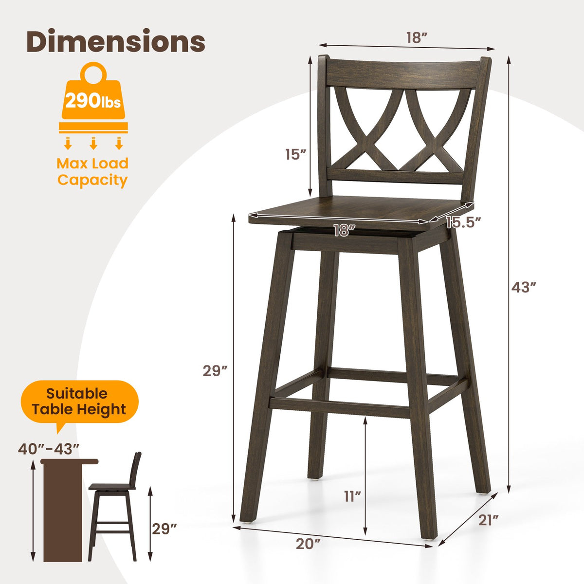 24/29 Inch Bar Stool Set of 2 Wooden Bar Chairs with Rubber Wood Frame-29 inches view 4