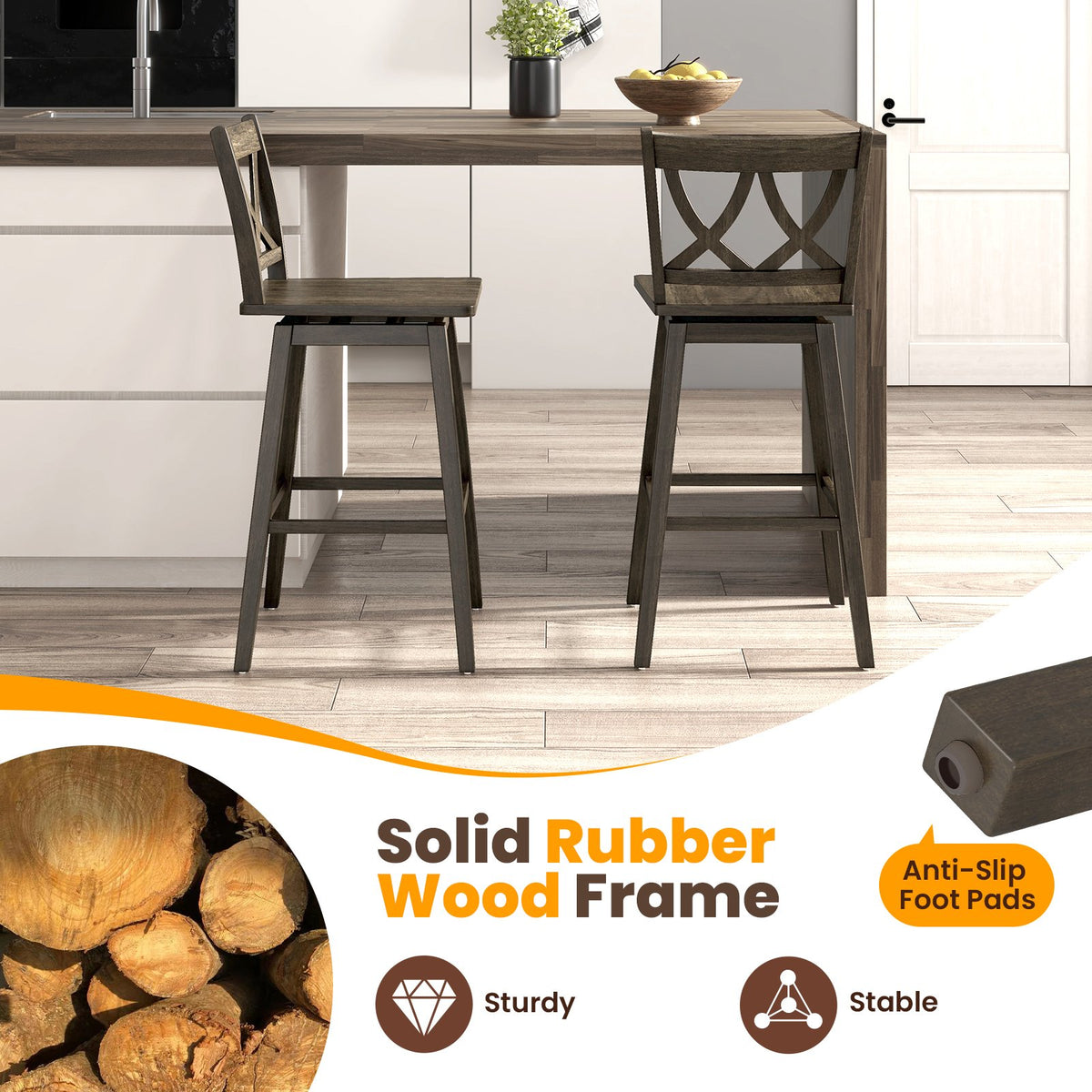 24/29 Inch Bar Stool Set of 2 Wooden Bar Chairs with Rubber Wood Frame-29 inches view 5