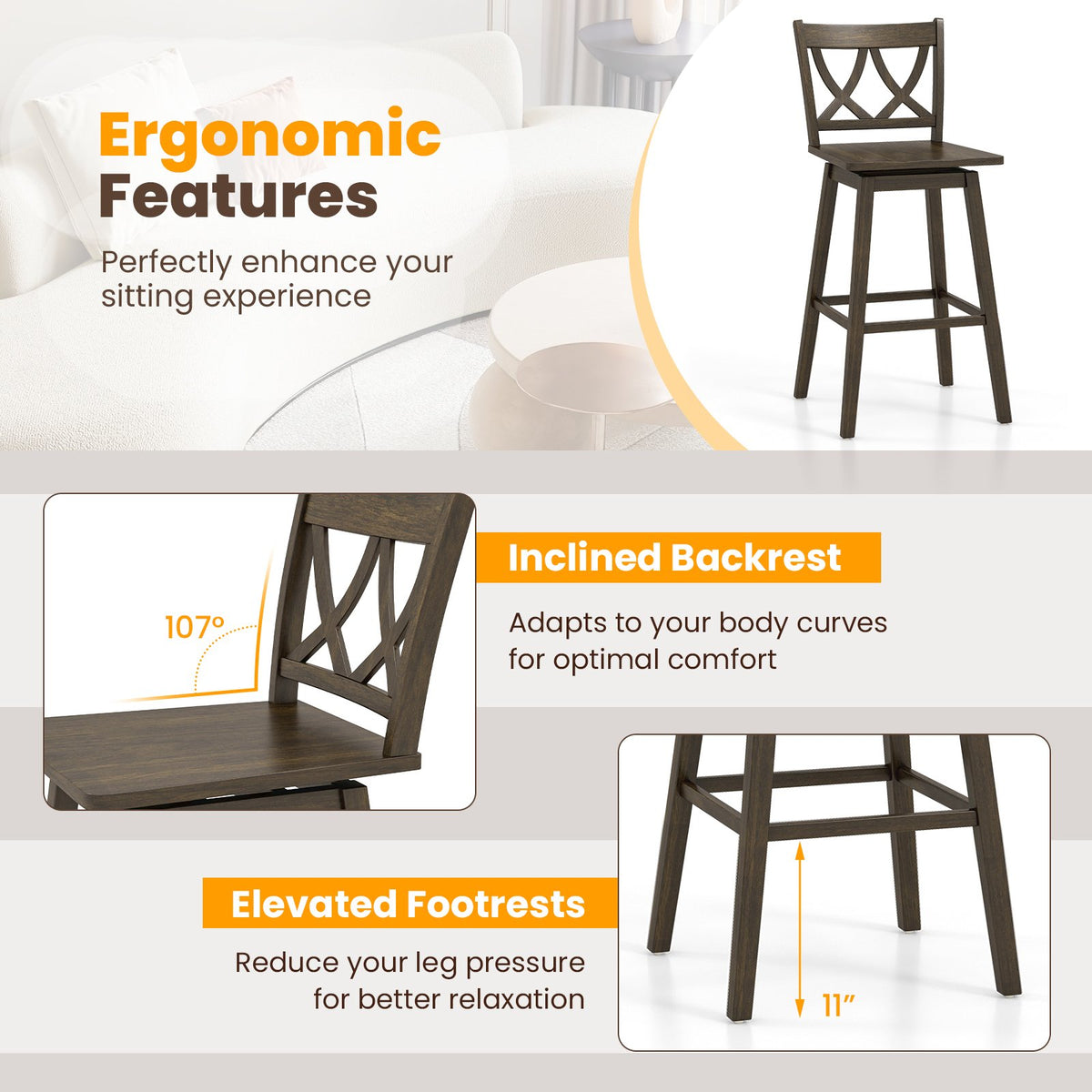 24/29 Inch Bar Stool Set of 2 Wooden Bar Chairs with Rubber Wood Frame-29 inches view 6