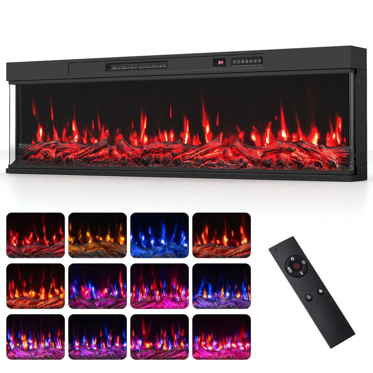 24/40/50/60 Inch 3-Sided Built-in Electric Fireplace Insert with 12 Flame Colors-60 inches