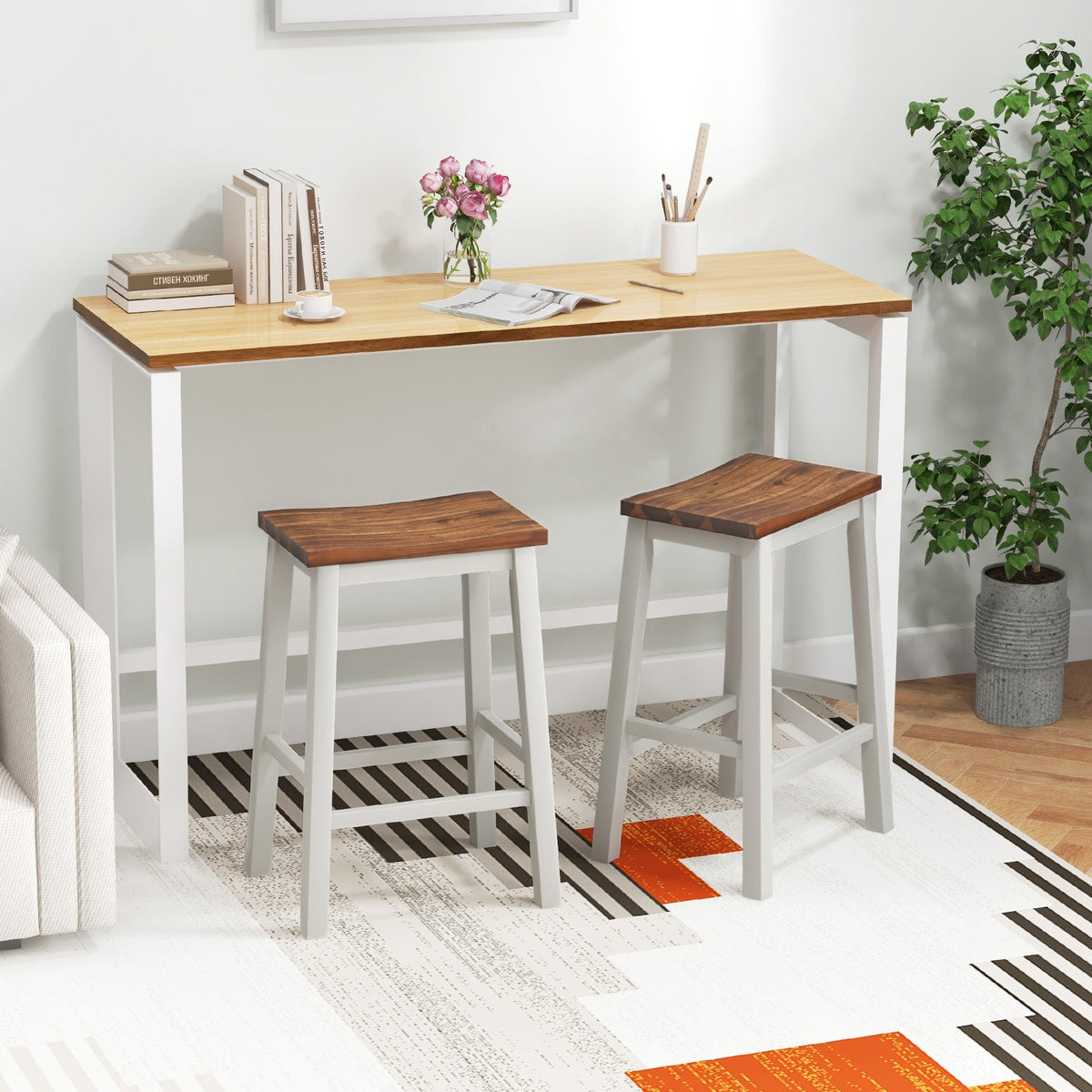 24.5-Inch Set of 2 Saddle Stools Bar Stools with Footrests for Kitchen Island-Walnut & Gray view 3