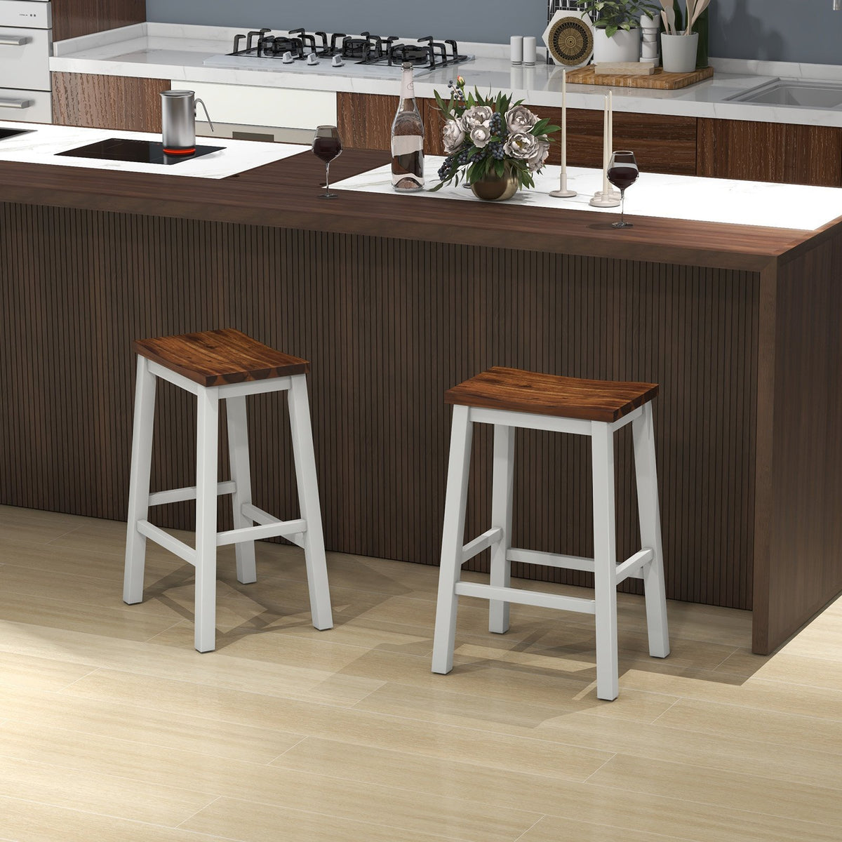 24.5-Inch Set of 2 Saddle Stools Bar Stools with Footrests for Kitchen Island-Walnut & Gray view 5