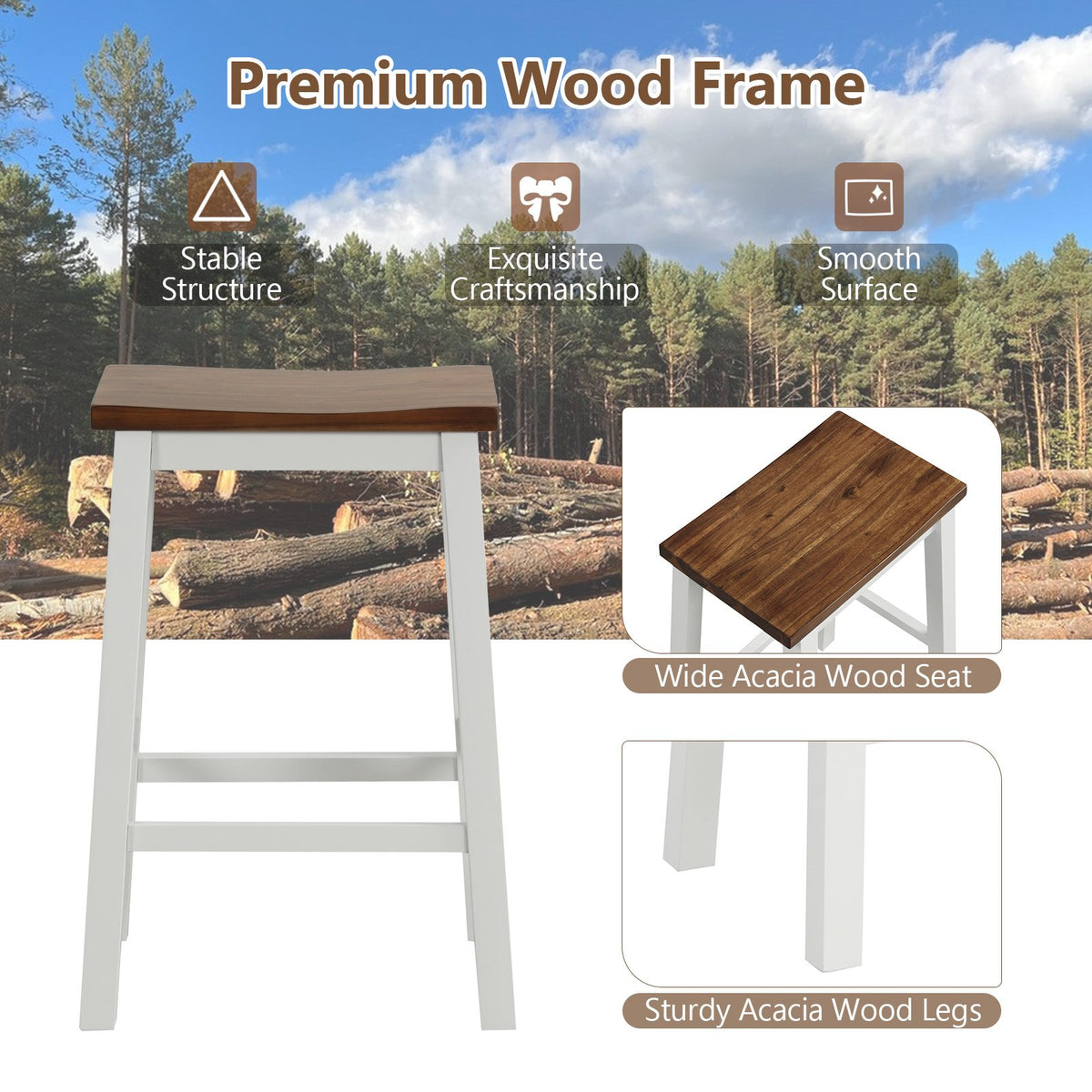 24.5-Inch Set of 2 Saddle Stools Bar Stools with Footrests for Kitchen Island-Walnut & Gray view 7