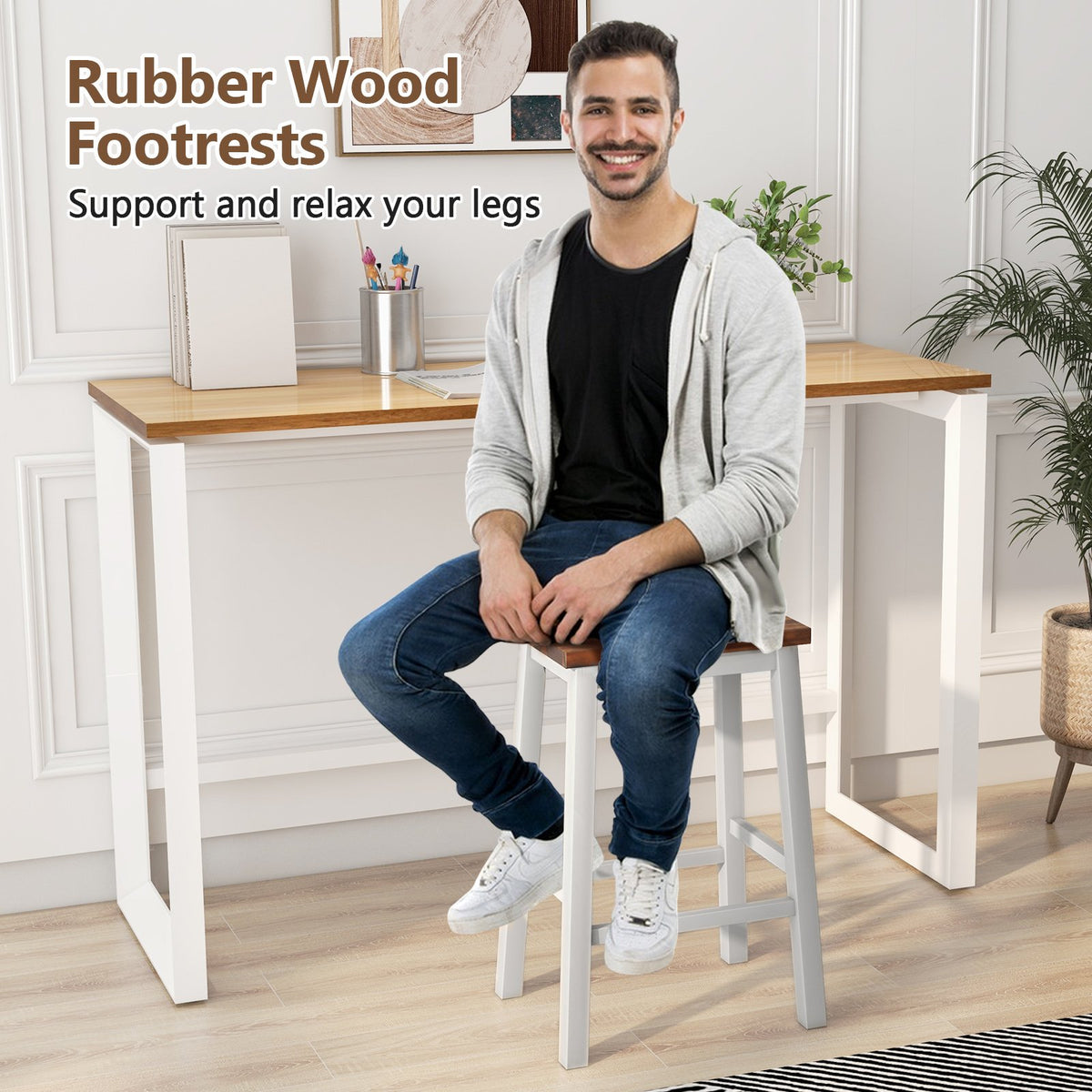 24.5-Inch Set of 2 Saddle Stools Bar Stools with Footrests for Kitchen Island-Walnut & Gray view 8
