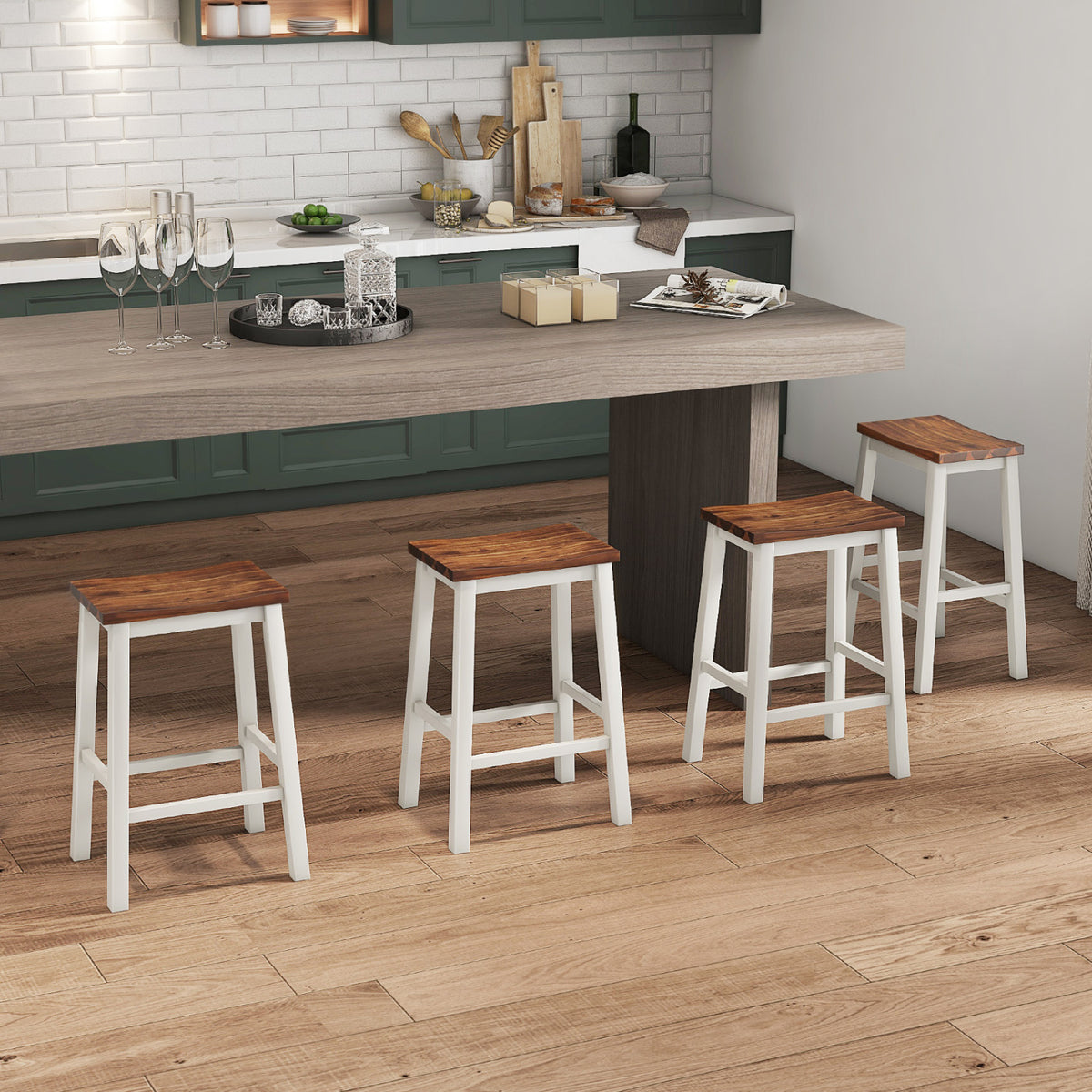 24.5-Inch Set of 4 Saddle Stools Bar Stools with Footrests for Kitchen Island-Walnut & Gray view 2