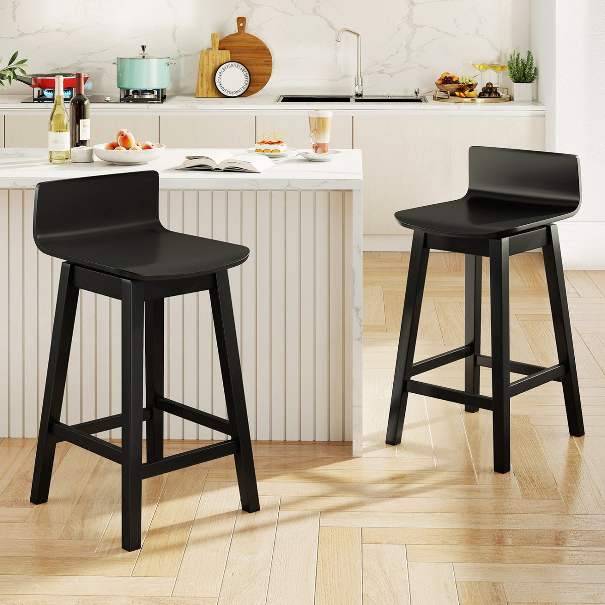 24.5 Inch Swivel Wooden Bar Stools Set of 2 with Rubber Wood Legs and Low Back-Black view 2
