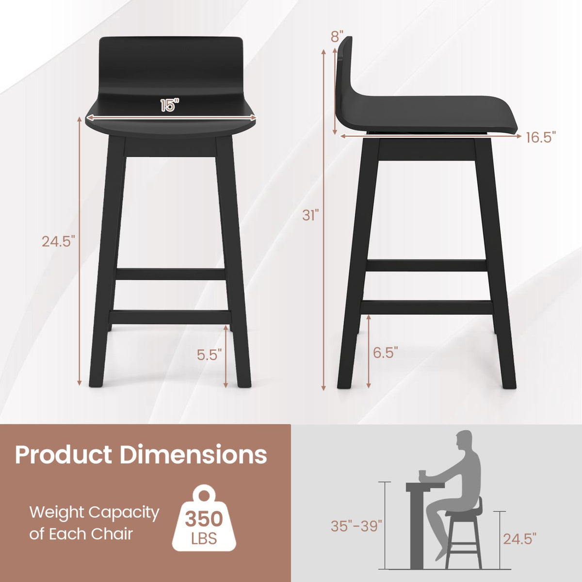24.5 Inch Swivel Wooden Bar Stools Set of 2 with Rubber Wood Legs and Low Back-Black view 4