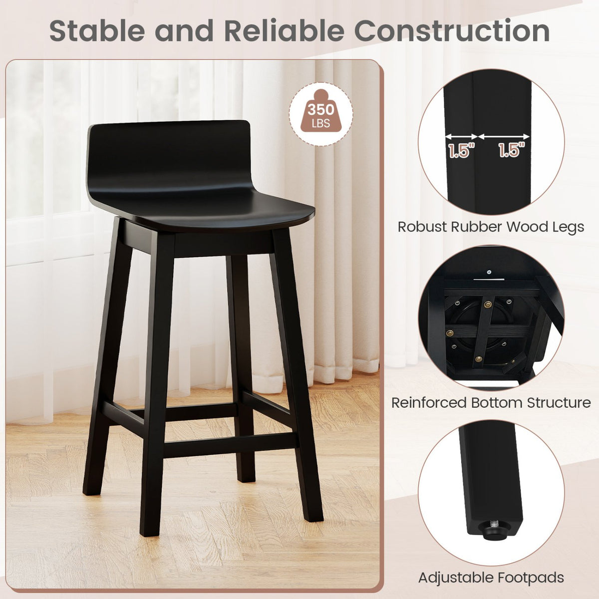 24.5 Inch Swivel Wooden Bar Stools Set of 2 with Rubber Wood Legs and Low Back-Black view 5