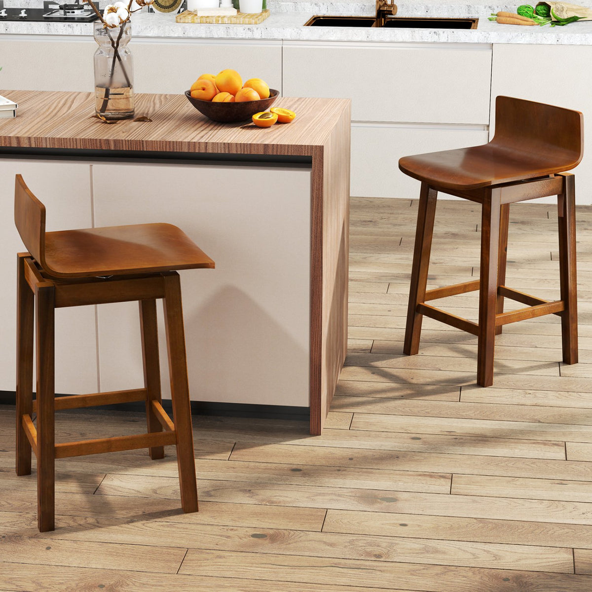 24.5 Inch Swivel Wooden Bar Stools Set of 2 with Rubber Wood Legs and Low Back-Walnut view 2