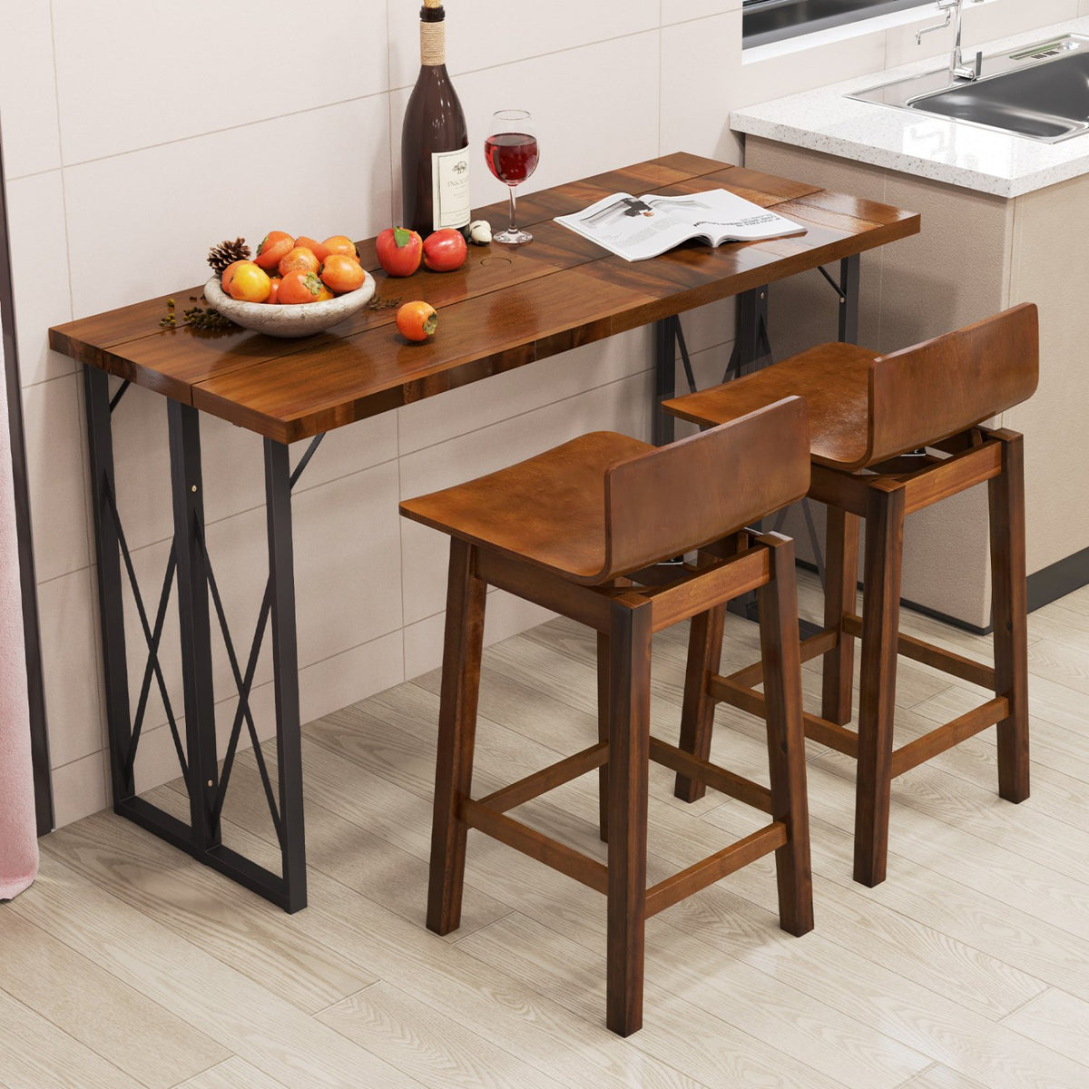 24.5 Inch Swivel Wooden Bar Stools Set of 2 with Rubber Wood Legs and Low Back-Walnut view 3