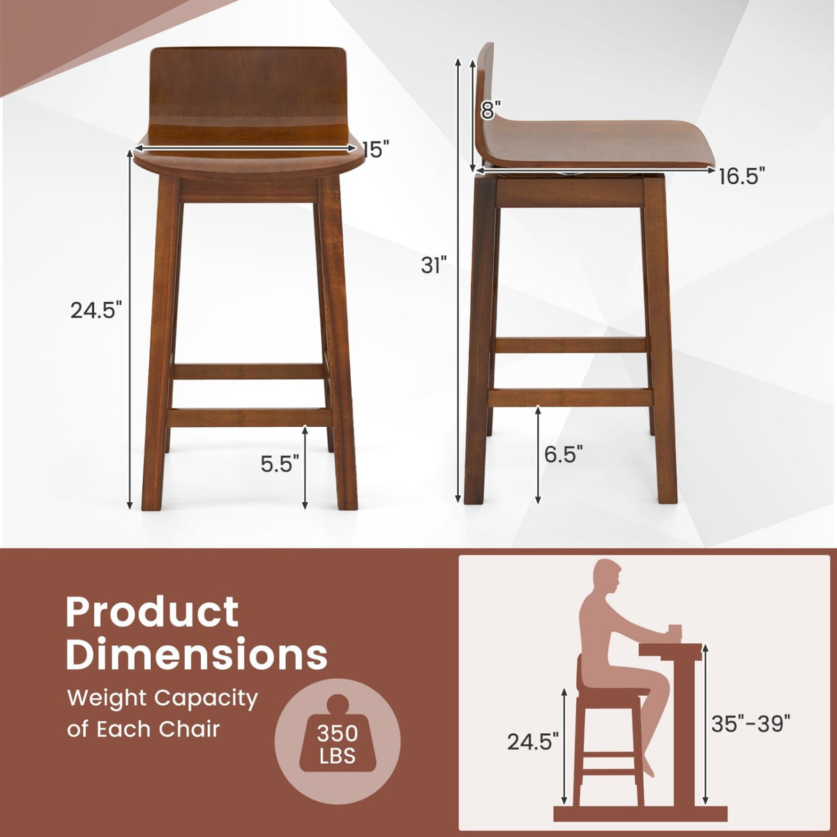 24.5 Inch Swivel Wooden Bar Stools Set of 2 with Rubber Wood Legs and Low Back-Walnut view 4