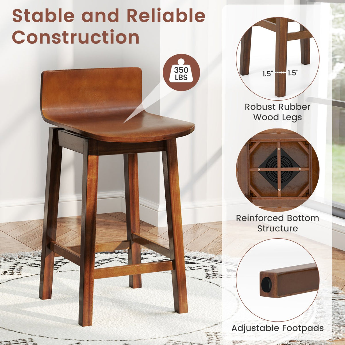 24.5 Inch Swivel Wooden Bar Stools Set of 2 with Rubber Wood Legs and Low Back-Walnut view 6