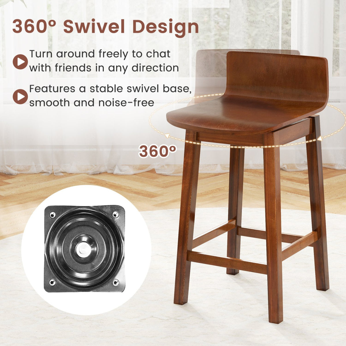 24.5 Inch Swivel Wooden Bar Stools Set of 2 with Rubber Wood Legs and Low Back-Walnut view 7
