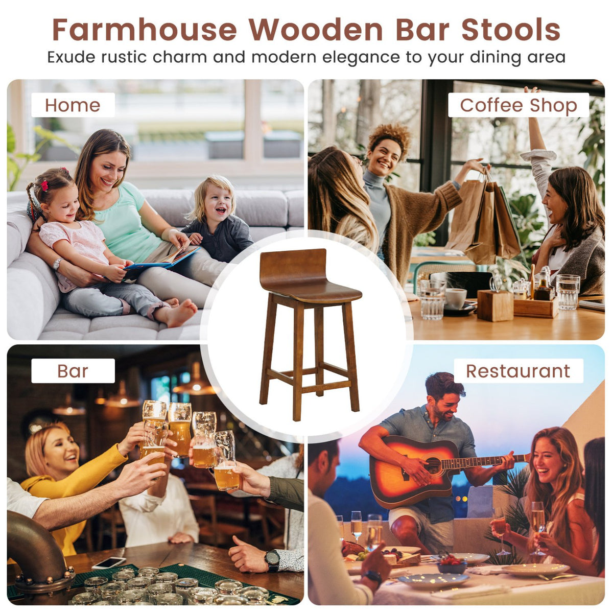24.5 Inch Swivel Wooden Bar Stools Set of 2 with Rubber Wood Legs and Low Back-Walnut view 9