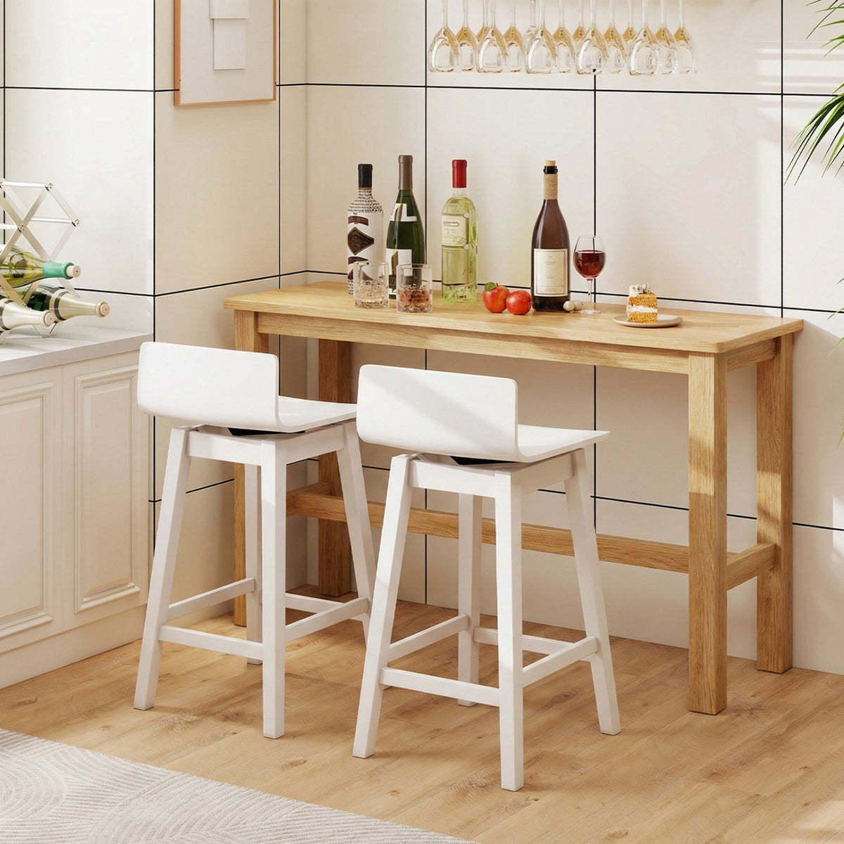 24.5 Inch Swivel Wooden Bar Stools Set of 2 with Rubber Wood Legs and Low Back-White view 3