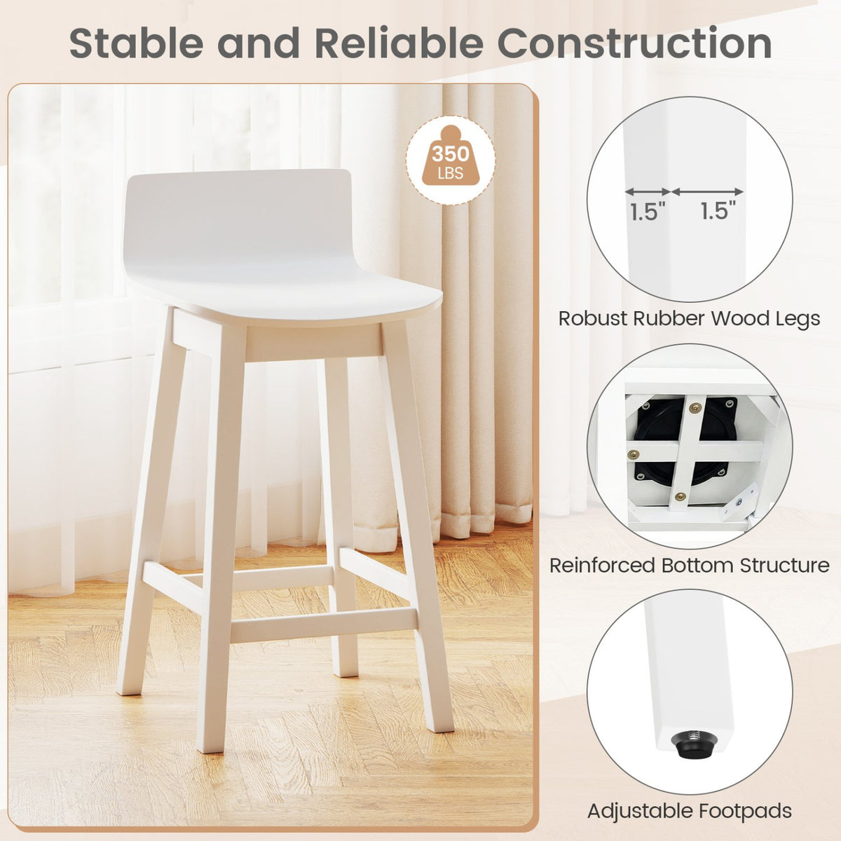 24.5 Inch Swivel Wooden Bar Stools Set of 2 with Rubber Wood Legs and Low Back-White view 5