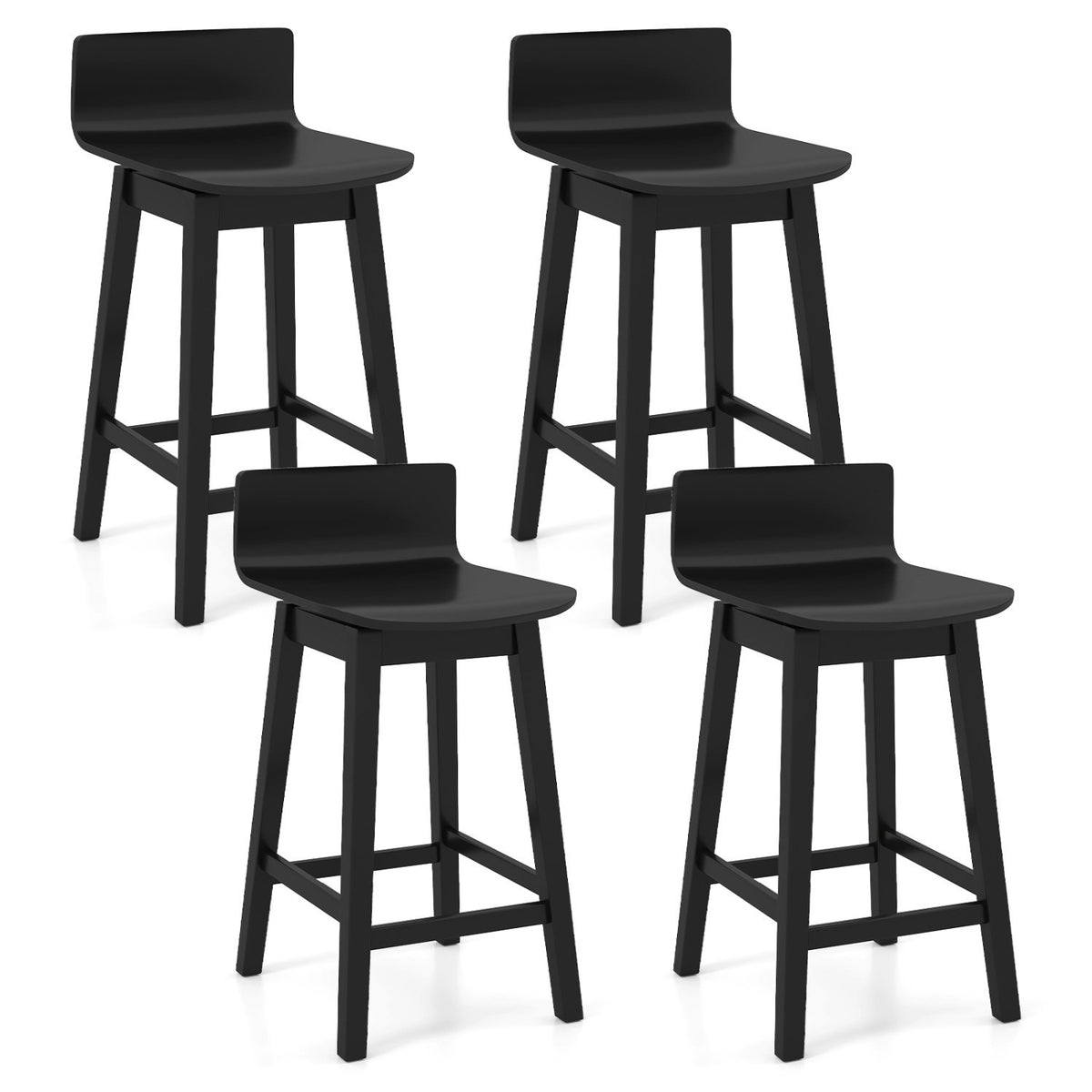 24.5 Inch Swivel Wooden Bar Stools Set of 4 with Rubber Wood Legs and Low Back-Black