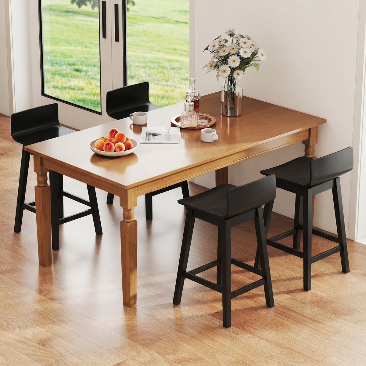 24.5 Inch Swivel Wooden Bar Stools Set of 4 with Rubber Wood Legs and Low Back-Black view 3
