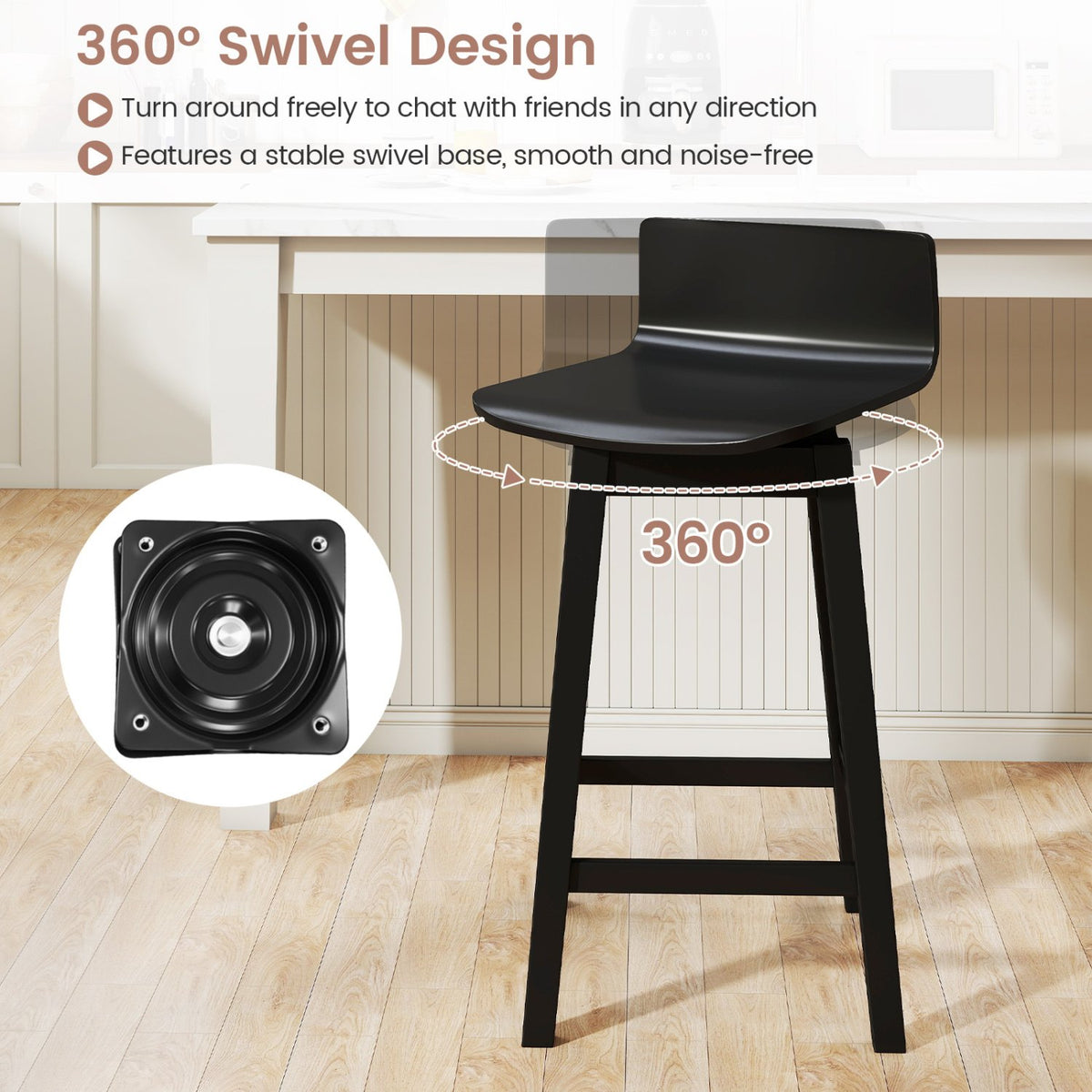 24.5 Inch Swivel Wooden Bar Stools Set of 4 with Rubber Wood Legs and Low Back-Black view 6