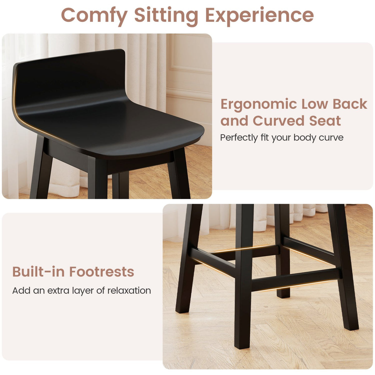 24.5 Inch Swivel Wooden Bar Stools Set of 4 with Rubber Wood Legs and Low Back-Black view 7