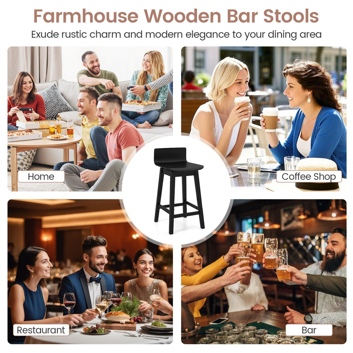 24.5 Inch Swivel Wooden Bar Stools Set of 4 with Rubber Wood Legs and Low Back-Black view 8
