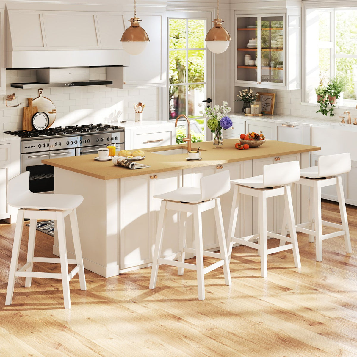 24.5 Inch Swivel Wooden Bar Stools Set of 4 with Rubber Wood Legs and Low Back-White view 2