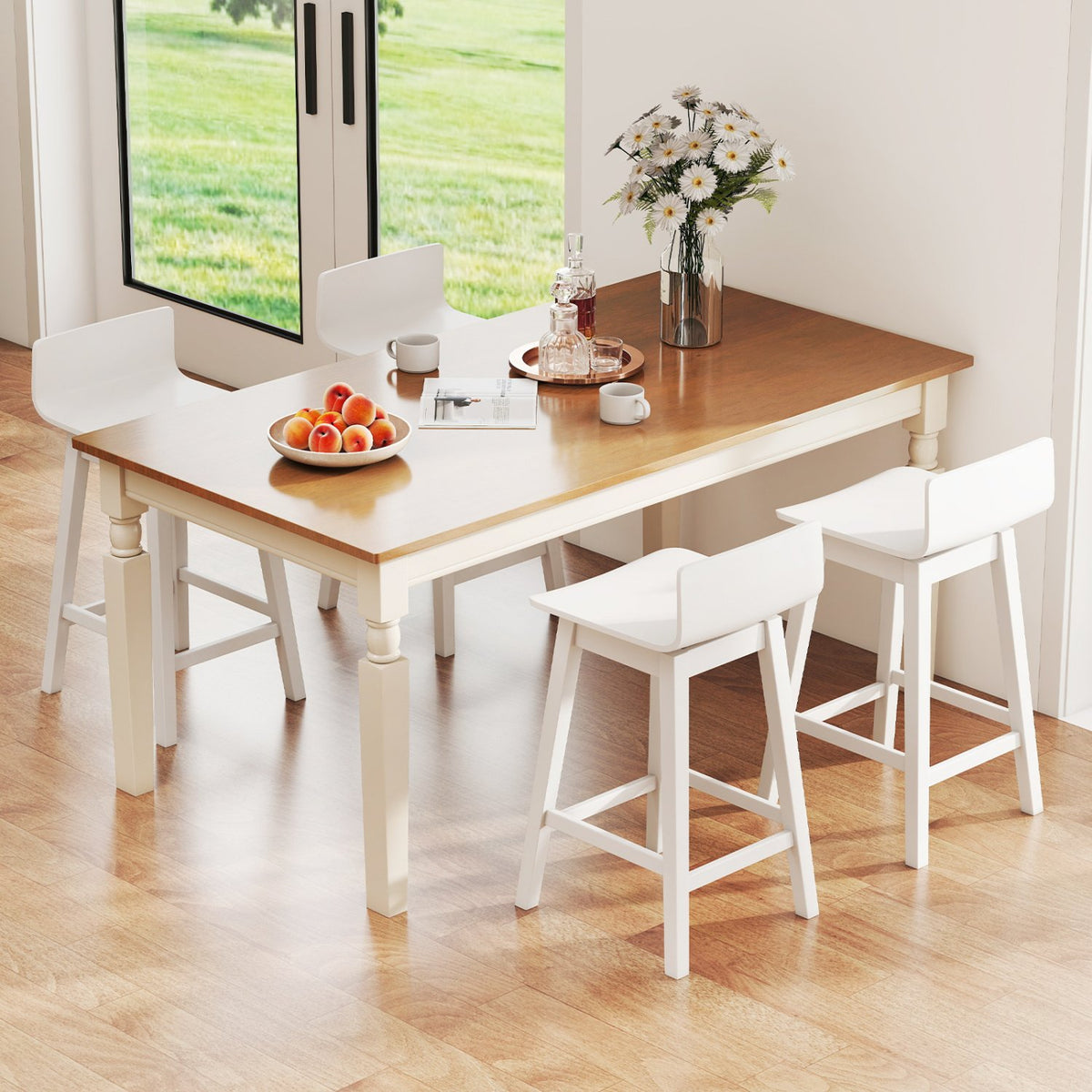 24.5 Inch Swivel Wooden Bar Stools Set of 4 with Rubber Wood Legs and Low Back-White view 3