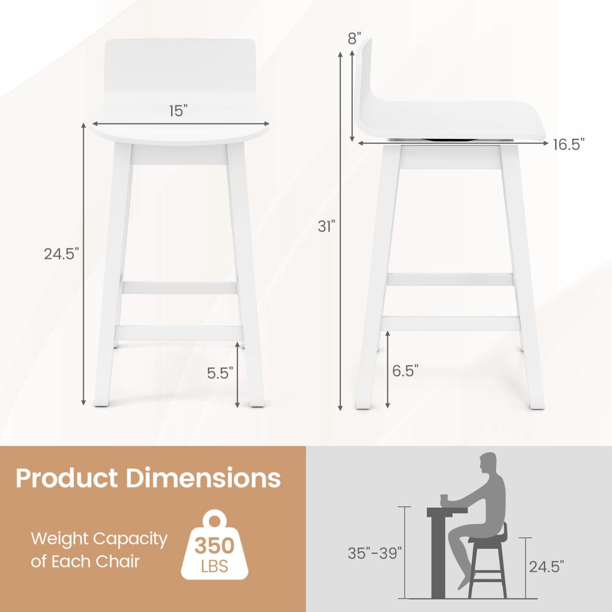 24.5 Inch Swivel Wooden Bar Stools Set of 4 with Rubber Wood Legs and Low Back-White view 4
