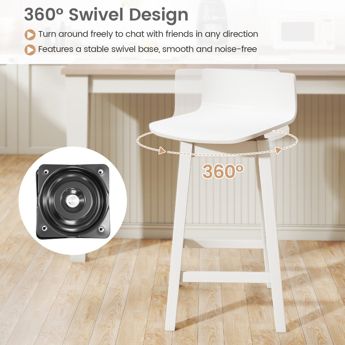24.5 Inch Swivel Wooden Bar Stools Set of 4 with Rubber Wood Legs and Low Back-White view 6