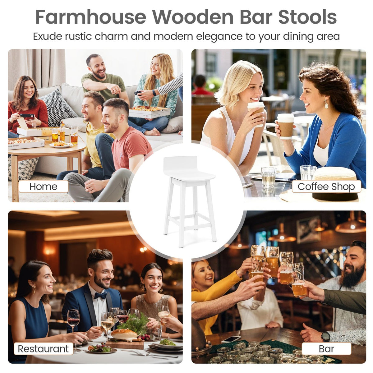 24.5 Inch Swivel Wooden Bar Stools Set of 4 with Rubber Wood Legs and Low Back-White view 8
